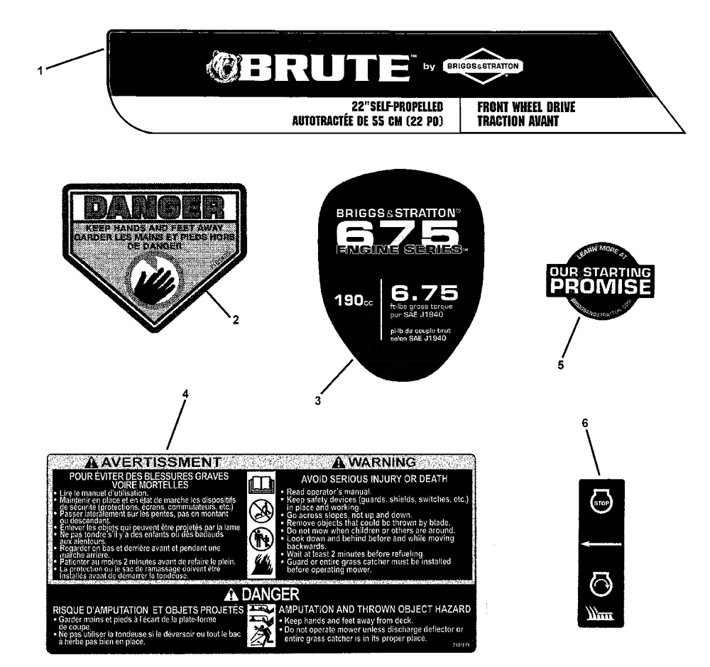 Decal Group Diagram and Parts List for 7800471-BTP22675HWFC 2009 Briggs and Stratton Lawn Mower